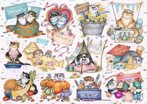 Ravensburger Linda Jane Smith Vintage No. 18 Crazy Cats A Cat's Year 1000 Piece Puzzle image 1